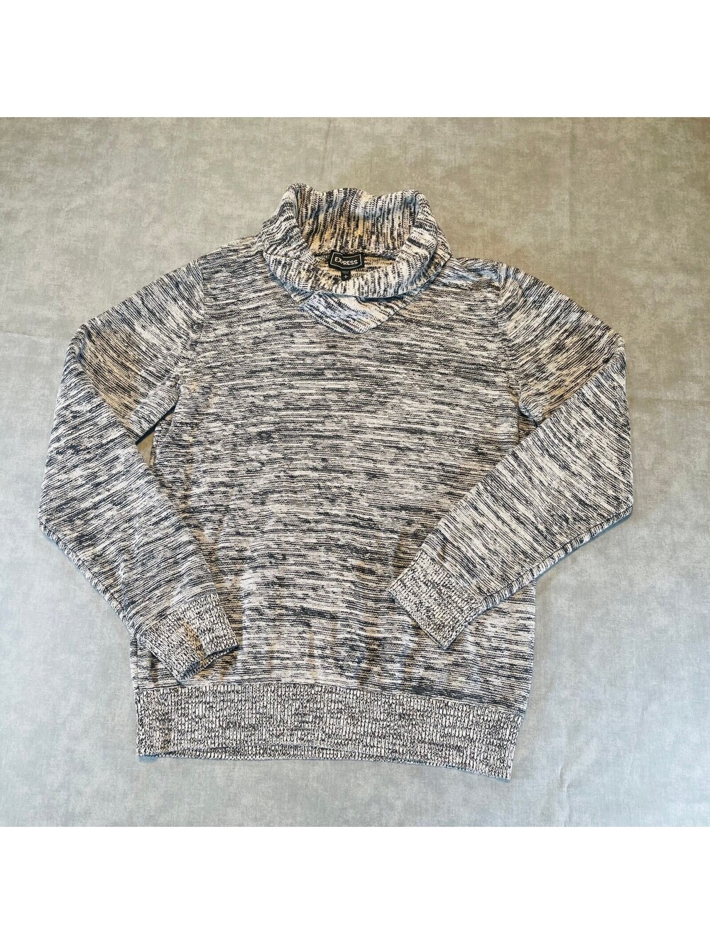Express Sweater Mens Small Gray White Marled Knit Cowl Neck Shawl Pullover S
